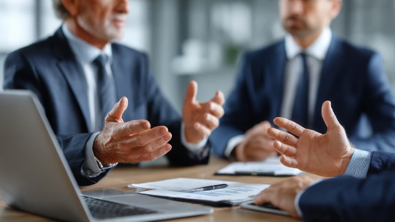 Business Meeting Dynamics: Engaging Discussions among Professionals in Suits, Focusing on Strategy and Collaboration with Emphasis on Verbal Communication and Cooperation