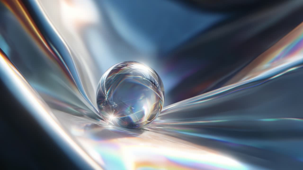 A mesmerizing close-up of a shimmering glass sphere resting on a smooth, reflective surface, showcasing intricate light play and iridescent colors that create a stunning visual masterpiece