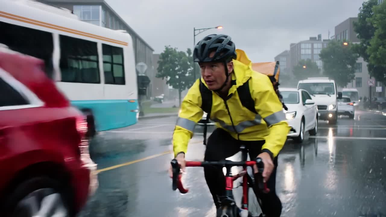 Ciclista pedaleando por una calle mojada de la ciudad bajo la lluvia, con chaqueta amarilla y bolsa de reparto.