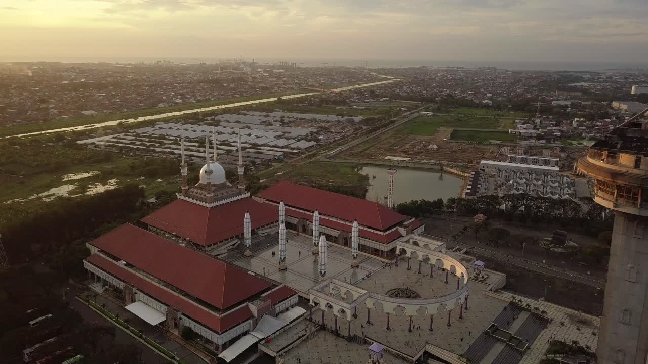 drone overflying the grand mosque at city center in samarang in central java indonesia. Grand Mosque Central Java