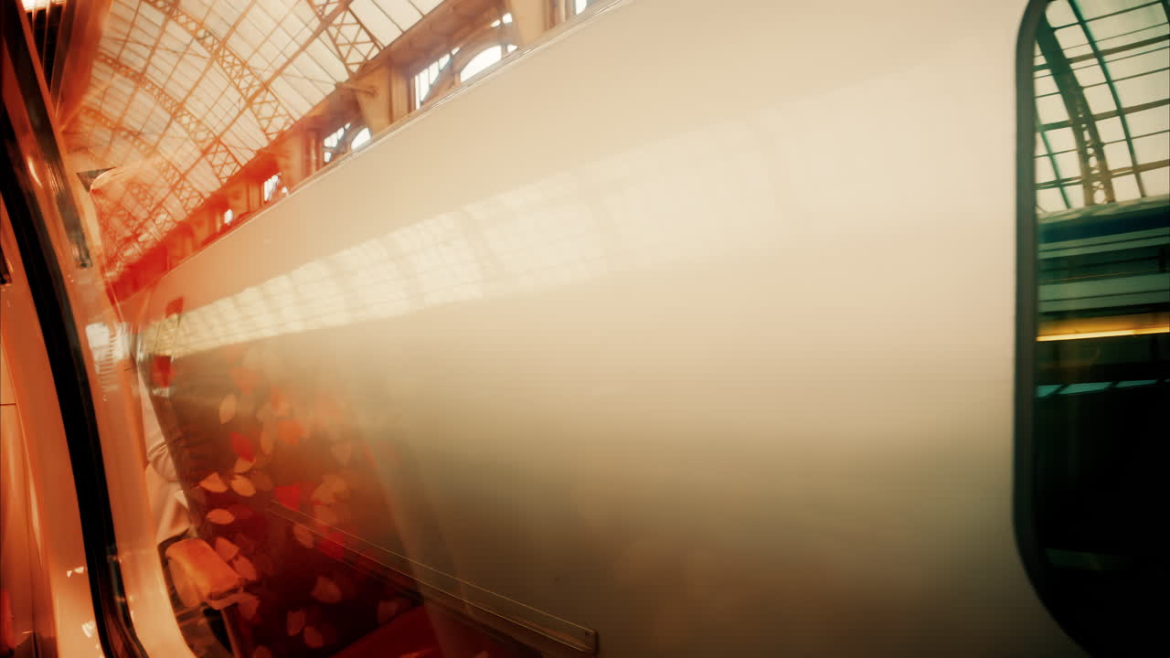 Close up view from a window of a train moving on the rails near a station in Nice, France