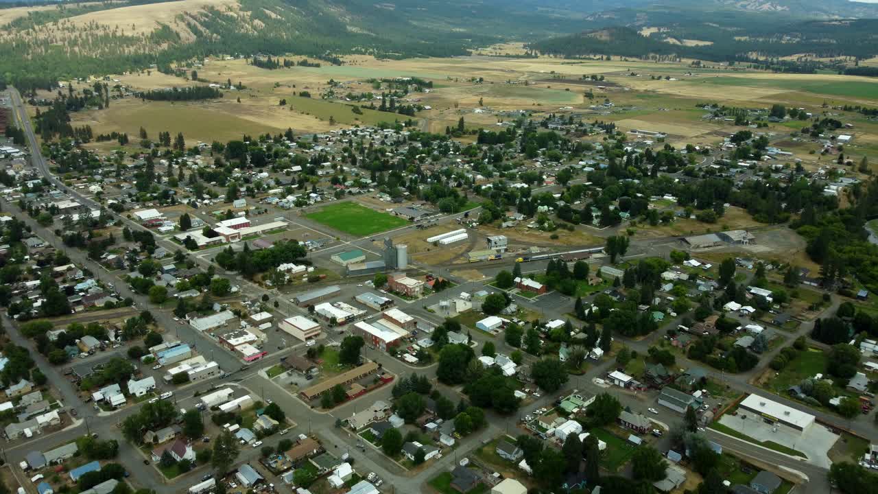 US, Oregon, Elgin, 2025-08-07 - Drone view of the city in Summer