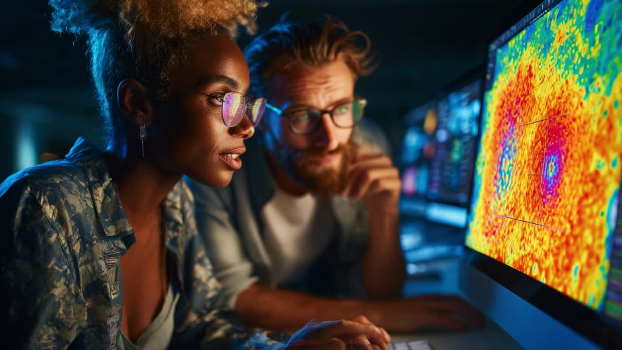 Two individuals intensely focused on their computer screens, analyzing vibrant visual data, showcasing collaboration and concentration in a modern tech environment
