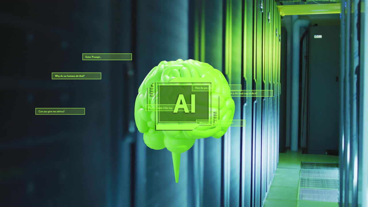 animación de texto ai con cerebro y procesamiento de datos a través de servidores informáticos