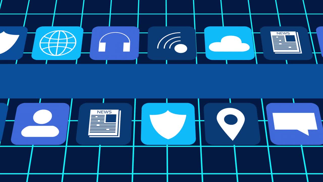 Animation of digital online icons and blue stripe moving over grid on dark blue background