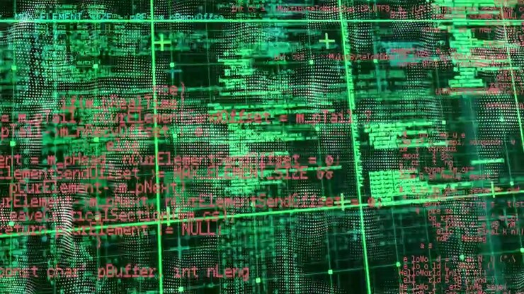 Abstract Digital Data Stream with Green Code and Grid Background
