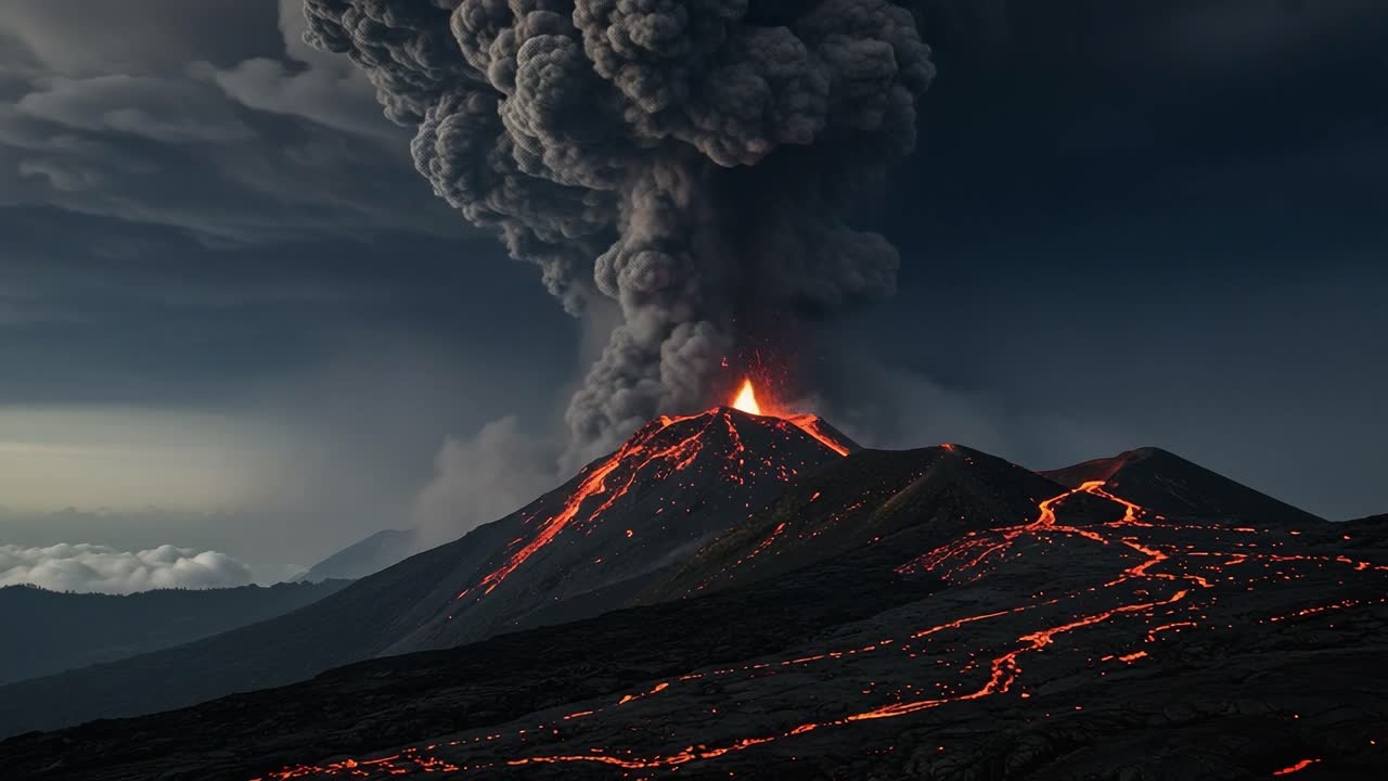 Dramatic Eruption of a Volcano: Witness the Explosive Power and Flowing Lava as Ash Clouds Billow into the Skies, Displaying Nature's Unrestrained Fury and Beauty