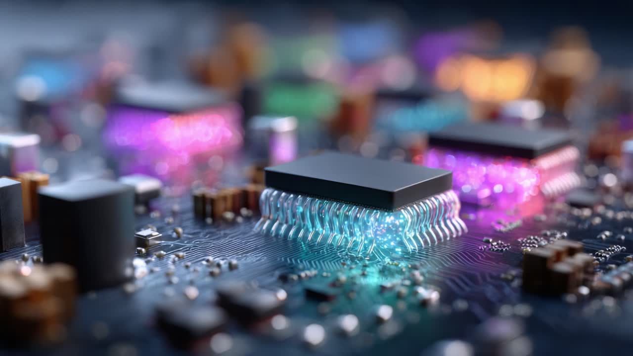 A Stunning Close-up of a Circuit Board Featuring Colorful Microchips and High-tech Components Illuminating with Vibrant Colors in a Futuristic Setting