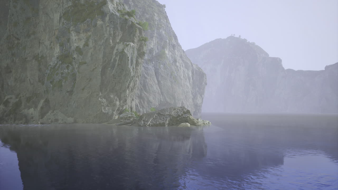 Serene waterscape with misty cliffs and reflective shoreline at dawn