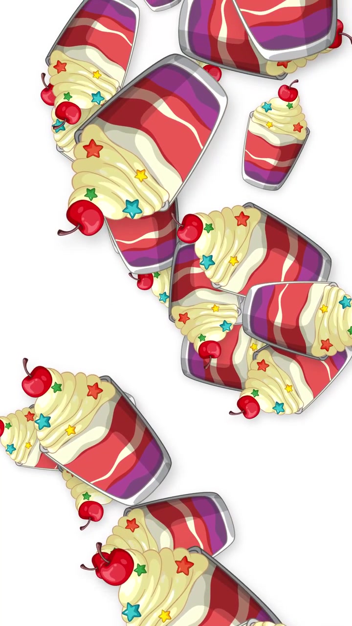 Taças de sobremesa coloridas em camadas com chantilly e cerejas caindo sobre um fundo branco.
