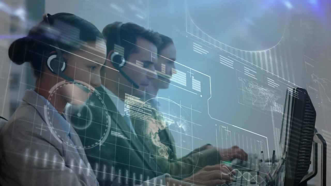 Animation of financial data processing over business people working in office