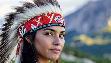 a woman wearing a native american headdress in front of a mountain