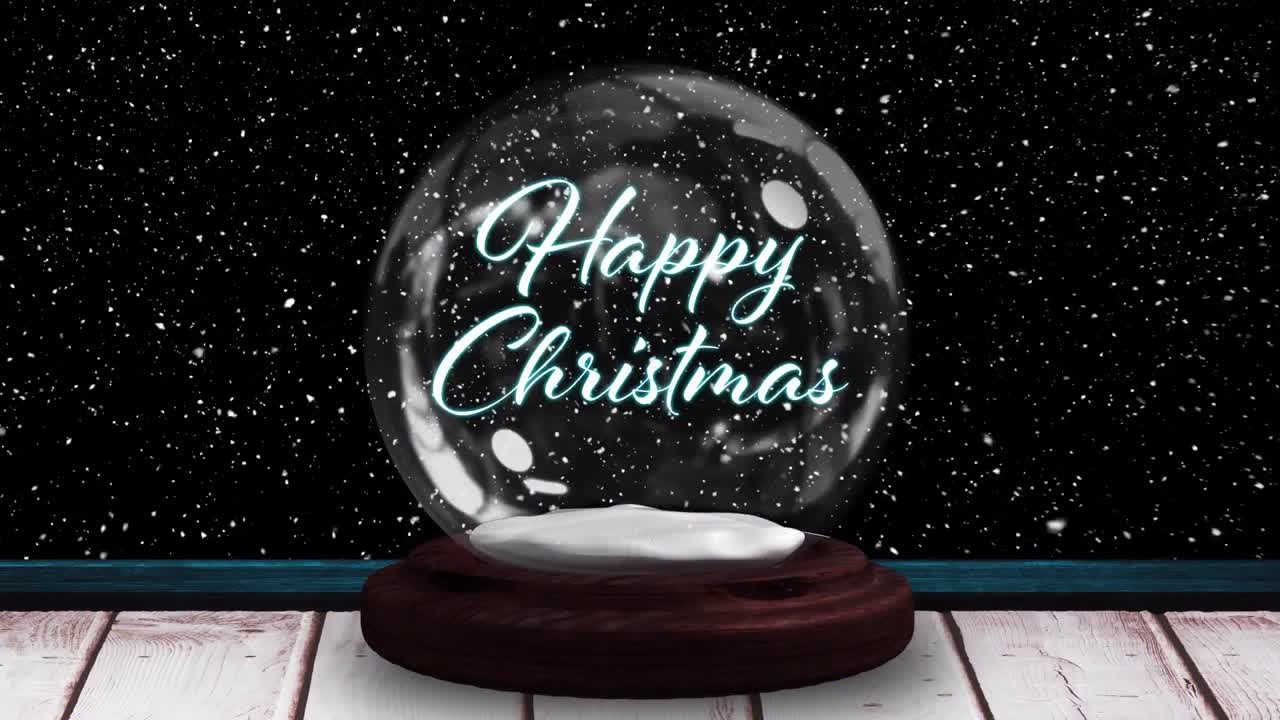 animación de feliz texto de navidad sobre globo de nieve, estrella fugaz y nieve cayendo