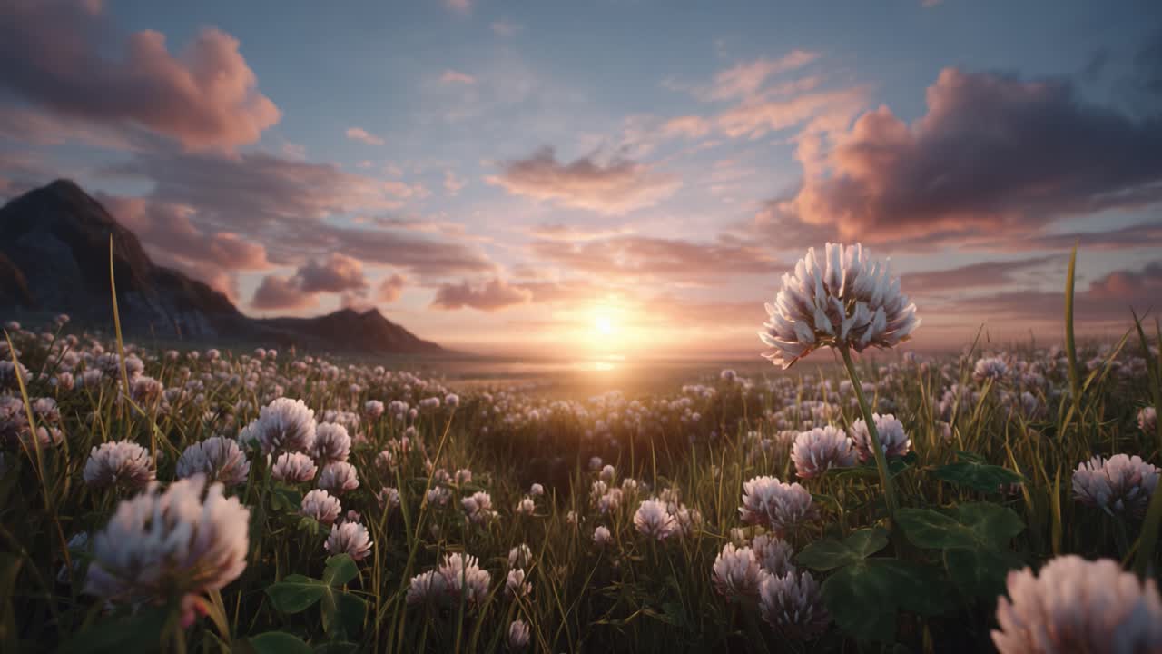 A Breath of Serenity: A Stunning Landscape Filled with Blooming Flowers Under a Colorful Sunset, Emphasizing the Beauty of Nature's Splendor and Tranquility