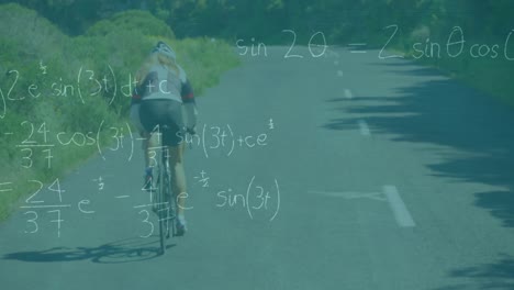 Animation-of-mathematical-equations-over-rear-view-of-female-cyclist-riding-a-bicycle-on-the-street