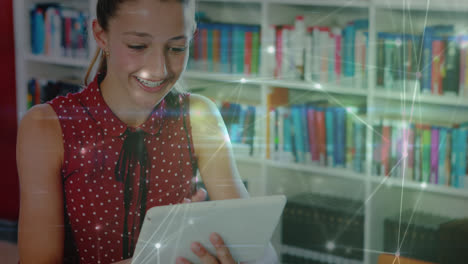 animation of network of connections over caucasian female student using tablet and reading