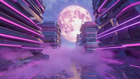 futuristic cityscape under a pink moon