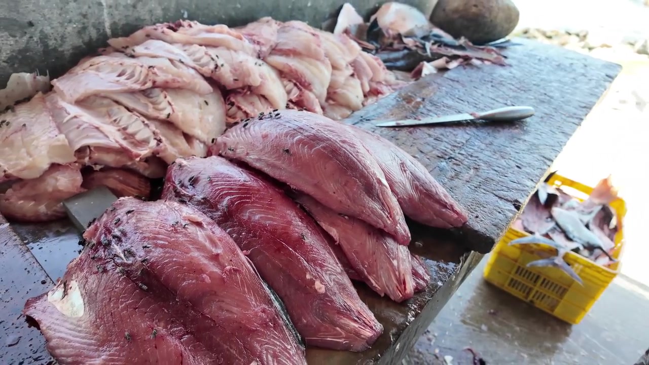 Primo piano delle mani di un pescatore che sfiletta tonno fresco crudo al mercato del pesce