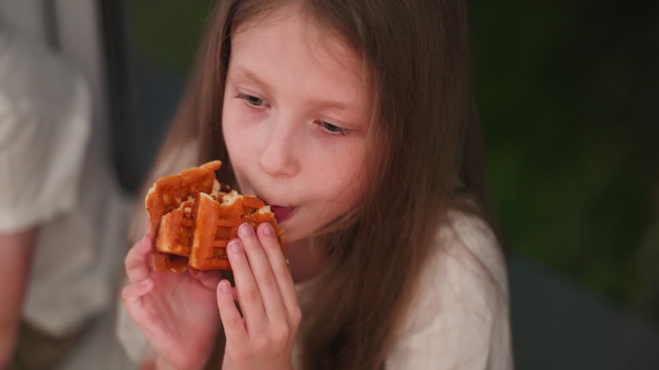 Young girl enjoying sweet treat while licking chocolate filling from bread waffle dessert, holding it with both hands, with soft indoor background and partial view of someone beside
