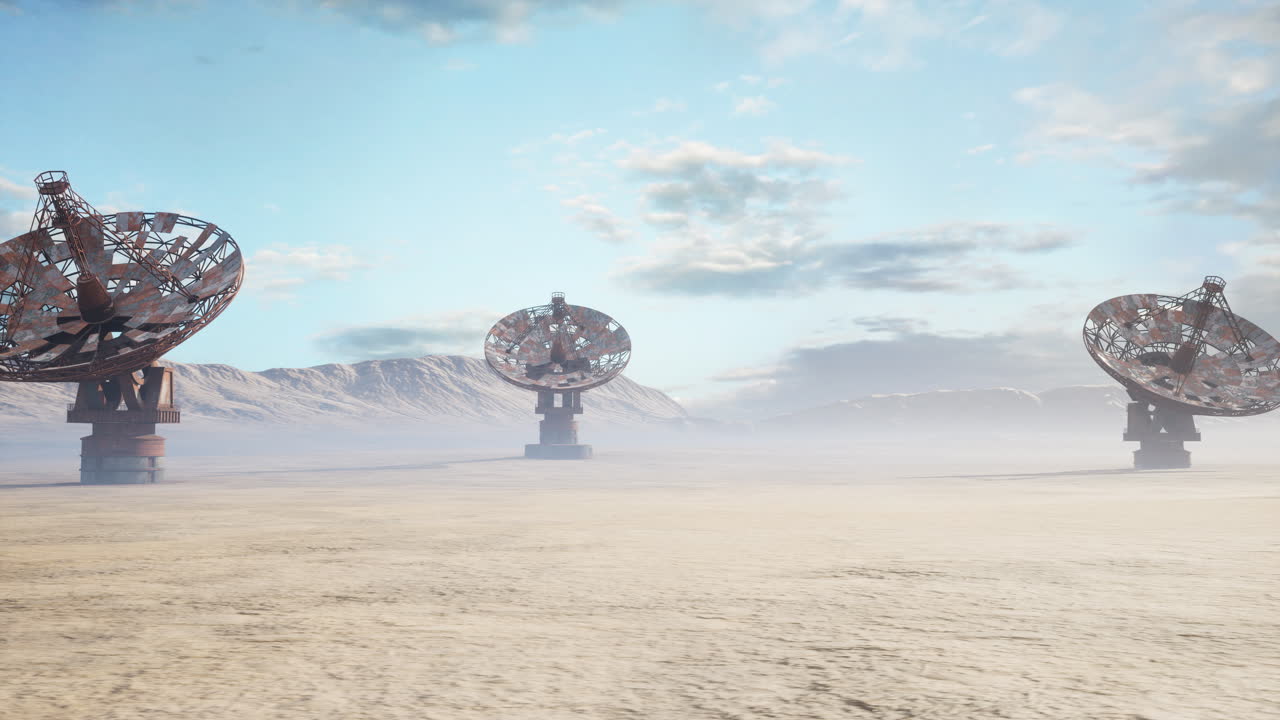 Radio telescopes scan metal dishes sweep horizon amid drifting clouds and dust