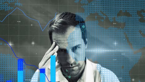 procesamiento de datos estadísticos sobre el hombre contra el mapa del mundo y el espacio en el fondo