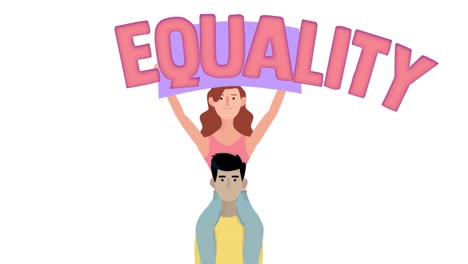 woman sitting on man shoulders with placard for equality
