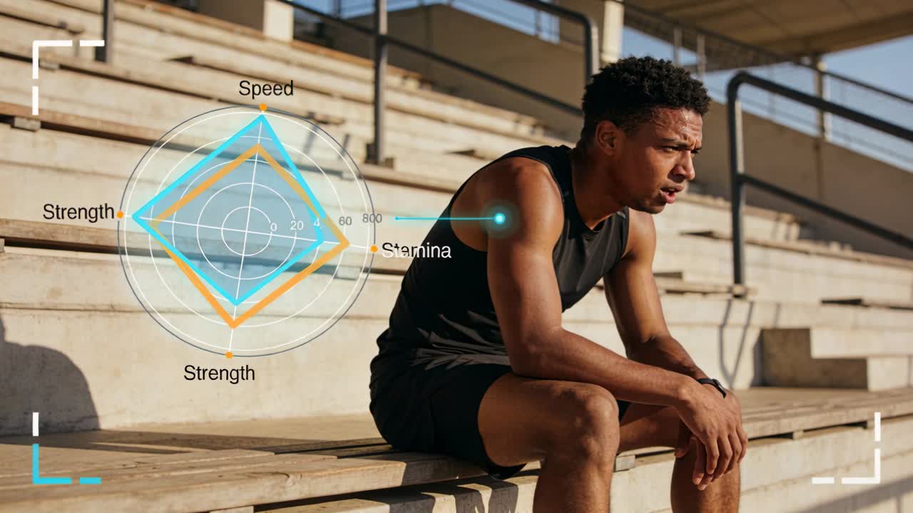 Leaning male athlete in athletic wear catching breath after sprint on wooden bleachers, HUD stamina