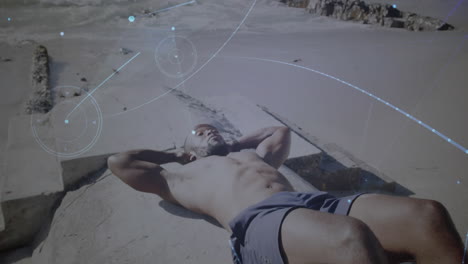 animación de la red de conexiones sobre el hombre haciendo abdominales al aire libre