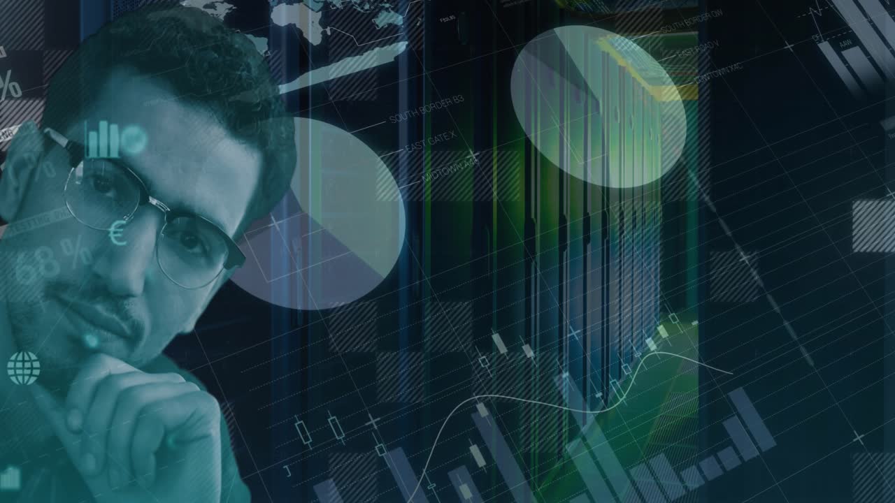 Animation of data processing over server room and caucasian man