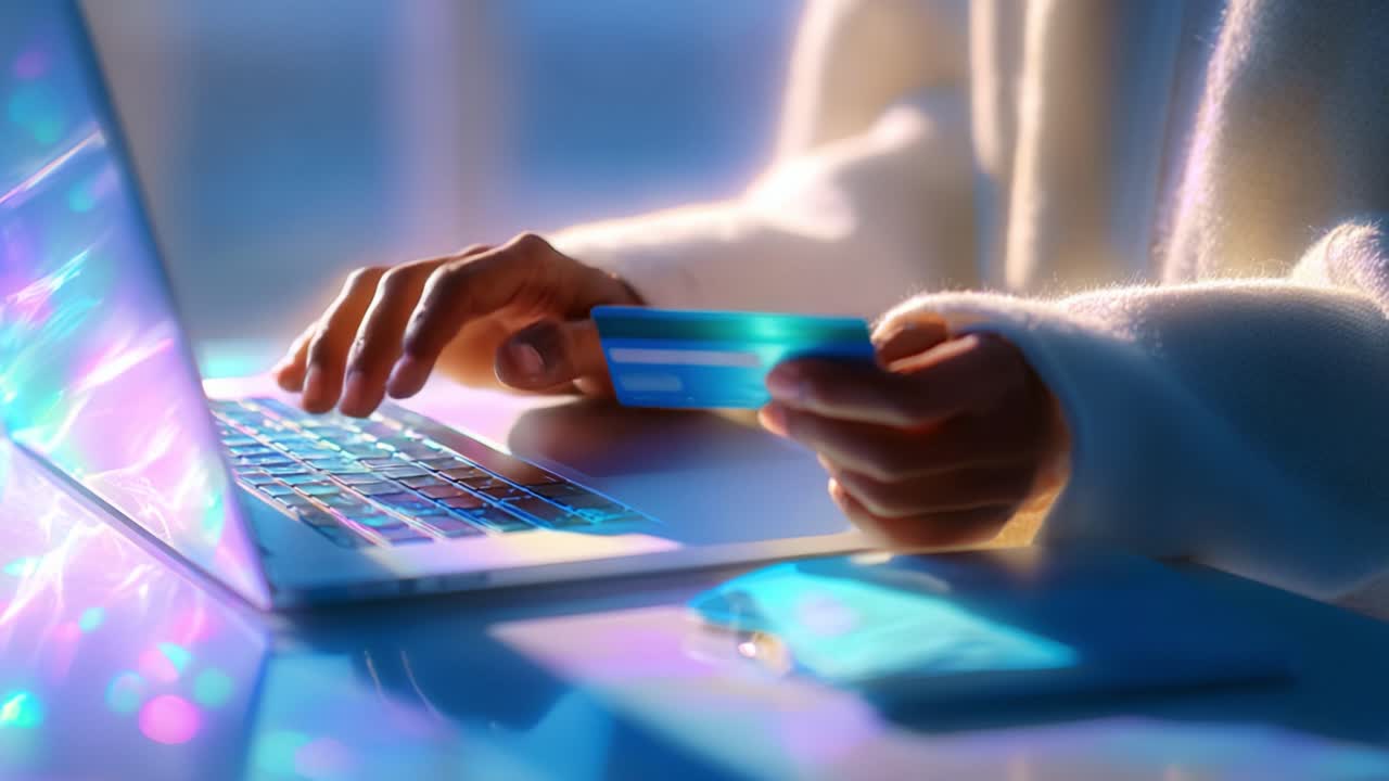 Engaging in Online Shopping: A Person Using a Credit Card to Make Purchases on a Laptop in a Bright and Colorful Digital Environment