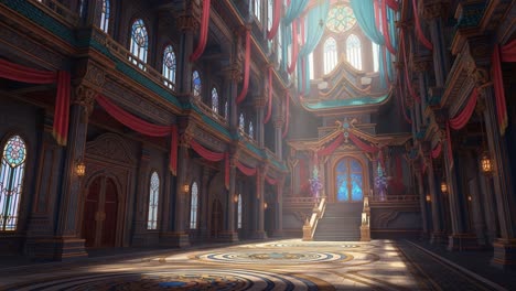 a majestic grand hall: light filters through ornate windows, illuminating rich colors and elaborate architectural details in an enchanting interior space