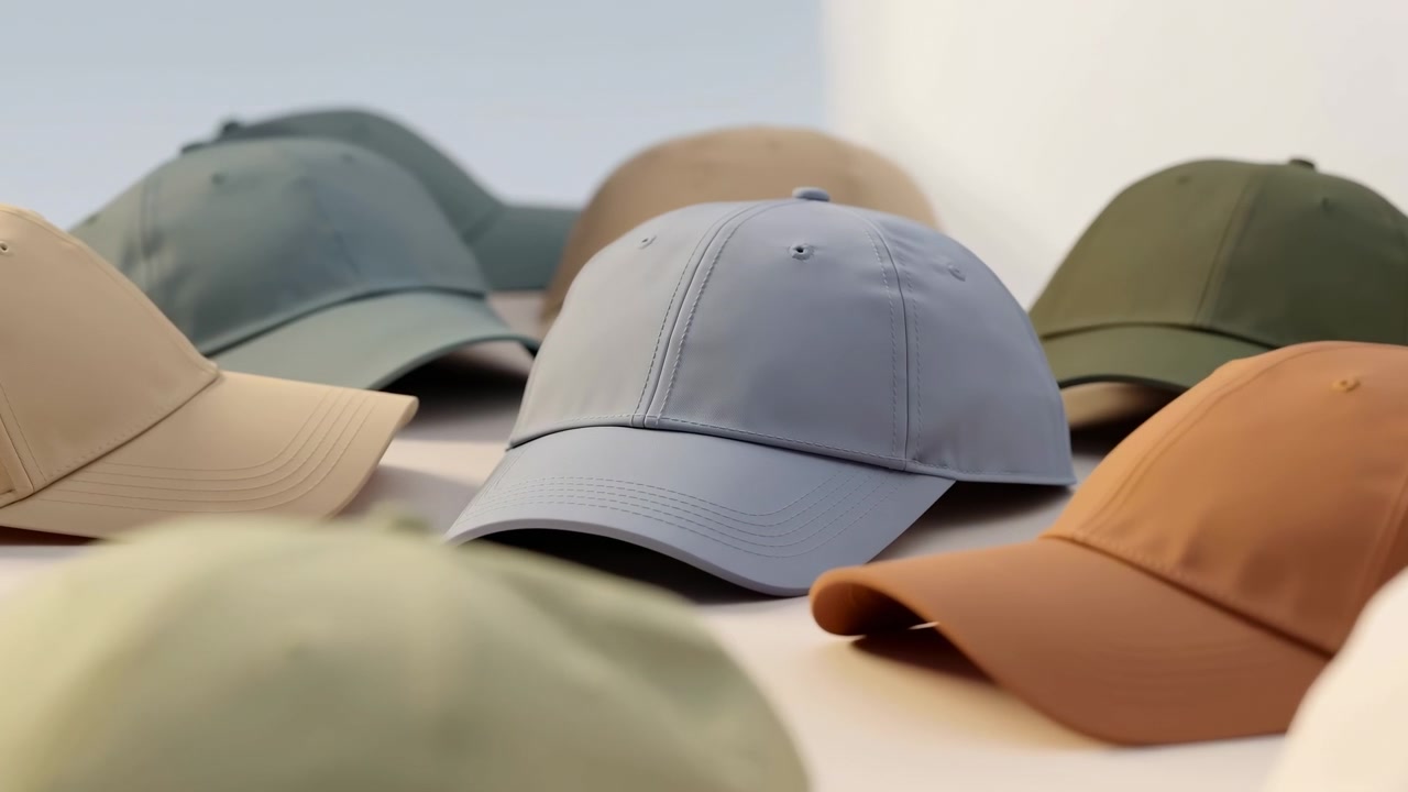 Staged product display showing multiple plain baseball caps in muted pastel and earthy tones laid in staggered rows on smooth pale tabletop with soft diffused studio light, with cap, hat, baseball