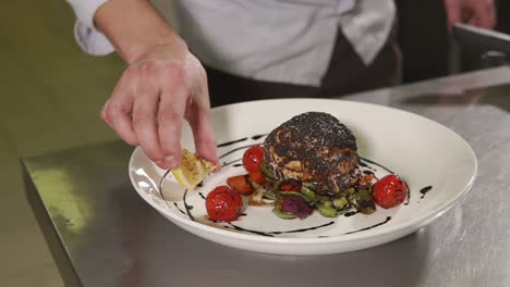 chef preparing a delicious dish with lemon and vegetables