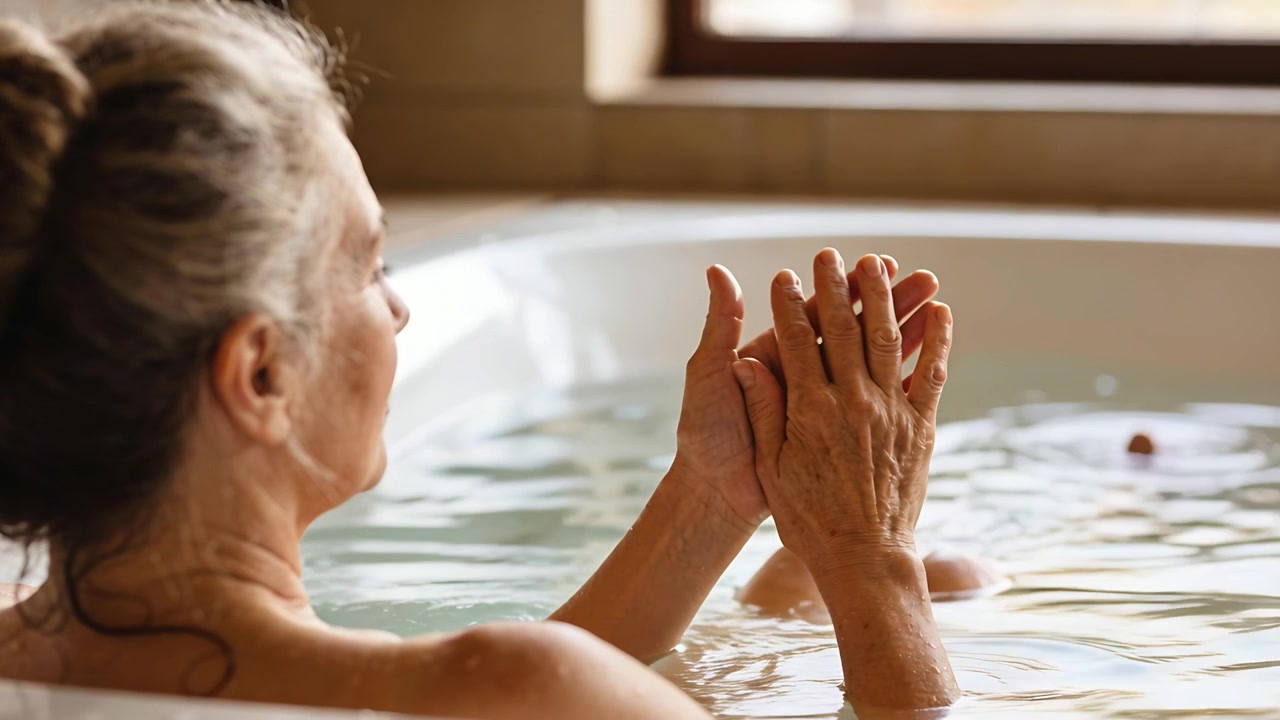 Holding hands apart, senior woman massaging fingers in bathtub for care, ring visible, copy space