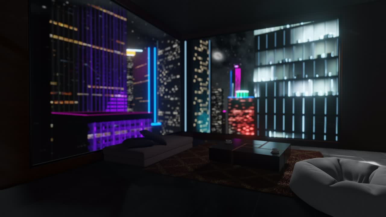 디포커스 루프 된 배경 - 하늘을 는 건물과 불빛이있는 야간 도시의 아파트에서 볼 수 있습니다. 원활한 루프. 3d 렌더링