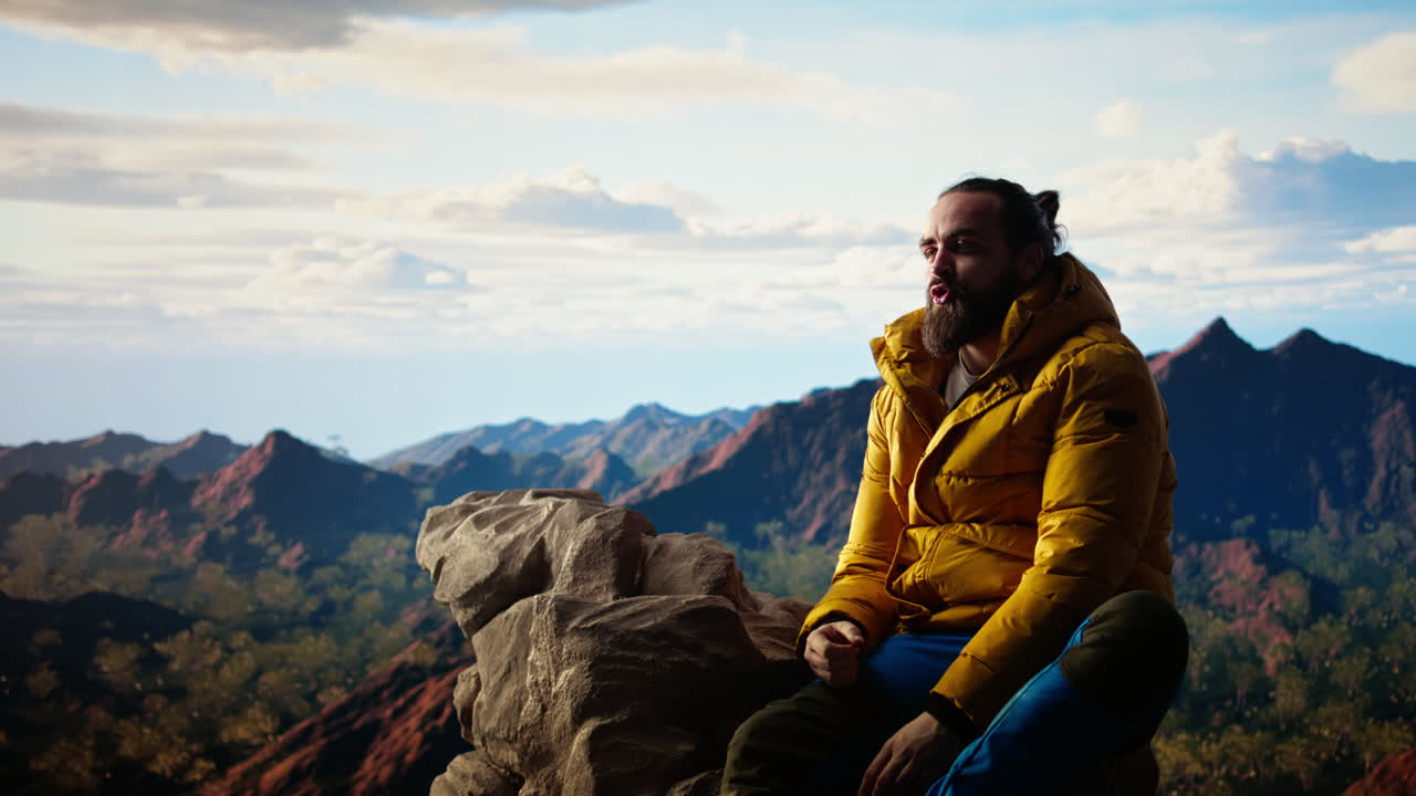el escalador decidido de pie en la cumbre disfruta de un momento de paz