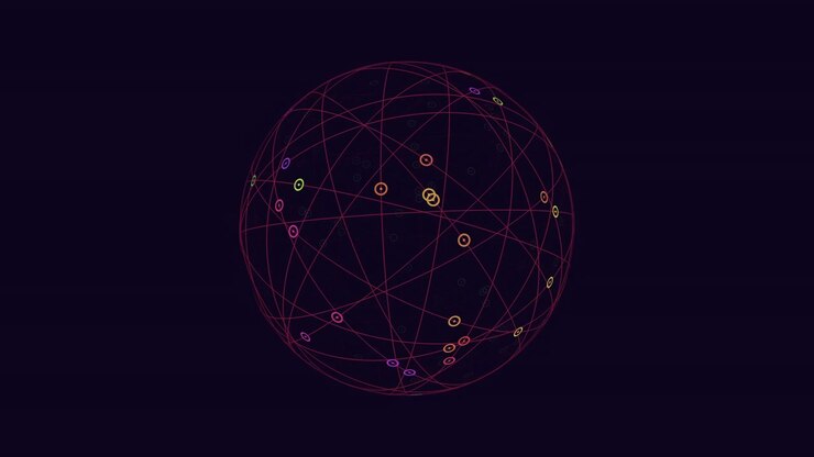 Symmetrical network of interconnected circles against a black background