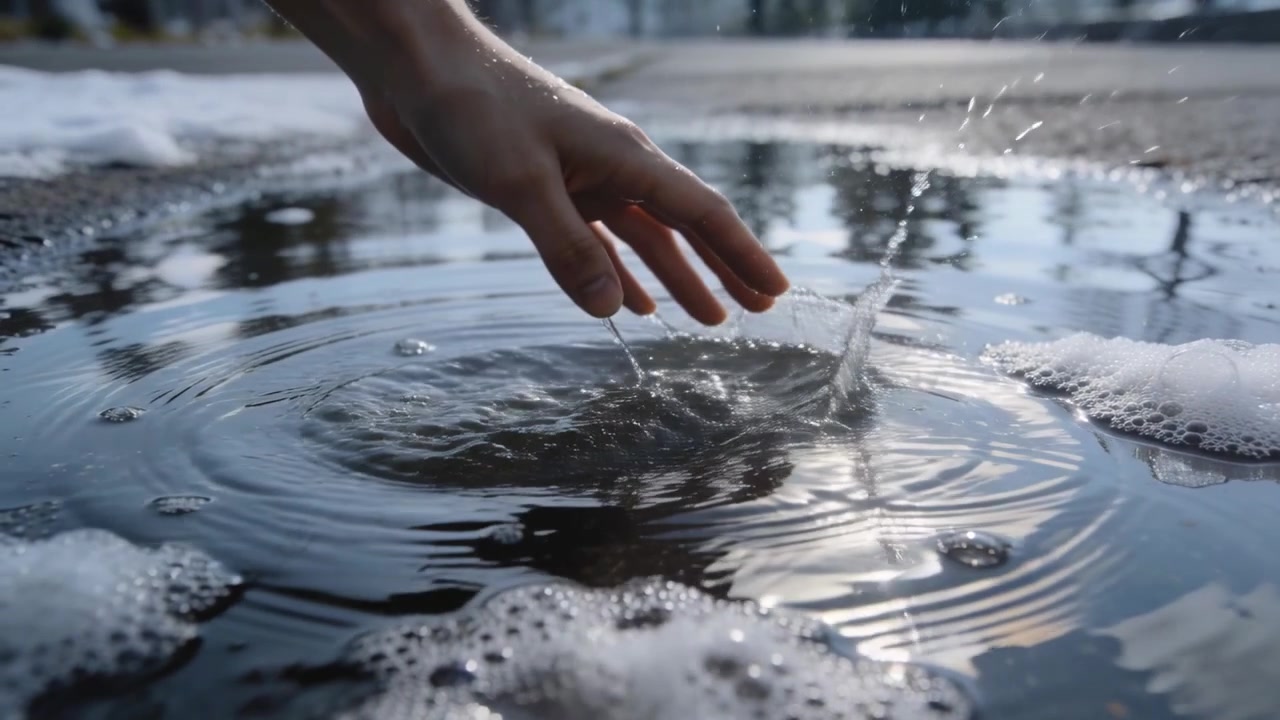 Une main d'adulte s'approche pour tester une petite flaque d'eau sur le trottoir après la fonte, une manche sombre balayant la mousse et créant des ondulations.
