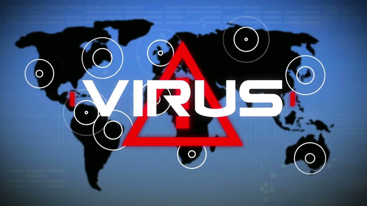 animación de la palabra virus escrita sobre una señal de advertencia triangular y un mapa del mundo sobre fondo azul