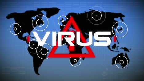 Animación-De-La-Palabra-Virus-Escrita-Sobre-Una-Señal-De-Tráfico-De-Advertencia-Triangular-Y-Un-Mapa-Mundial-Sobre-Fondo-Azul