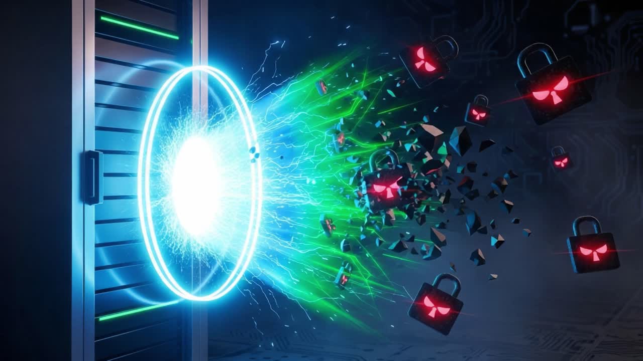 An Energetic Portal Unleashing a Surge of Digital Energy Through a High-Tech Gateway, Surrounded by Symbolic Representations of Security Threats and Cyber Vulnerabilities