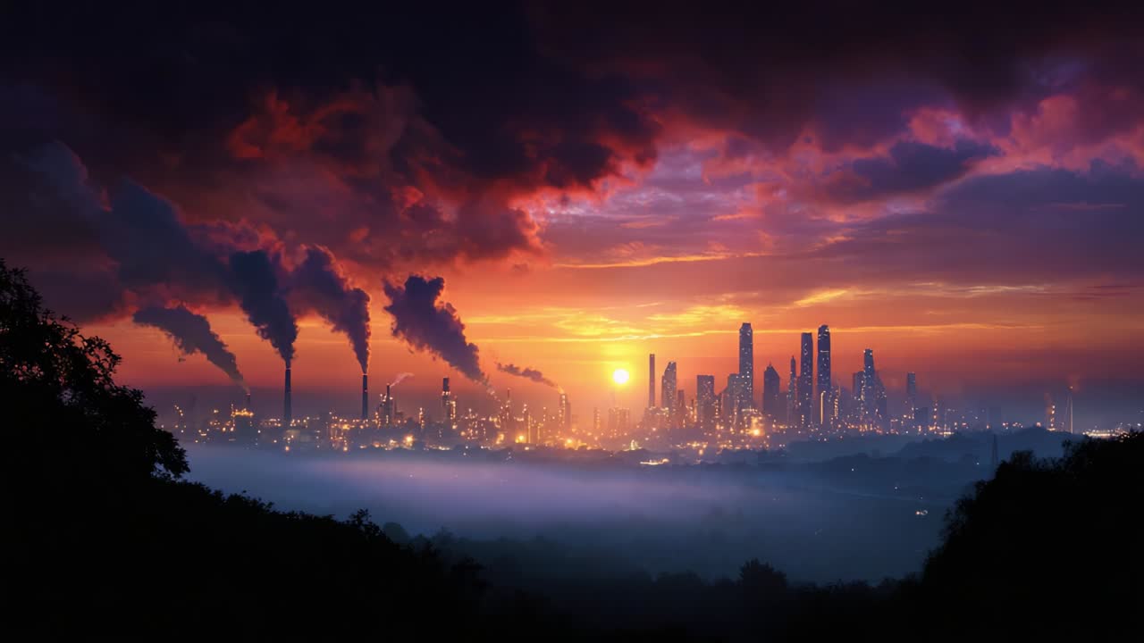 A Breathtaking Transformation: The Evolution of a City Wrapped in Industrial Growth and Environmental Challenges, Showcasing the Dramatic Contrast Between Nature and Urbanization at Sunset