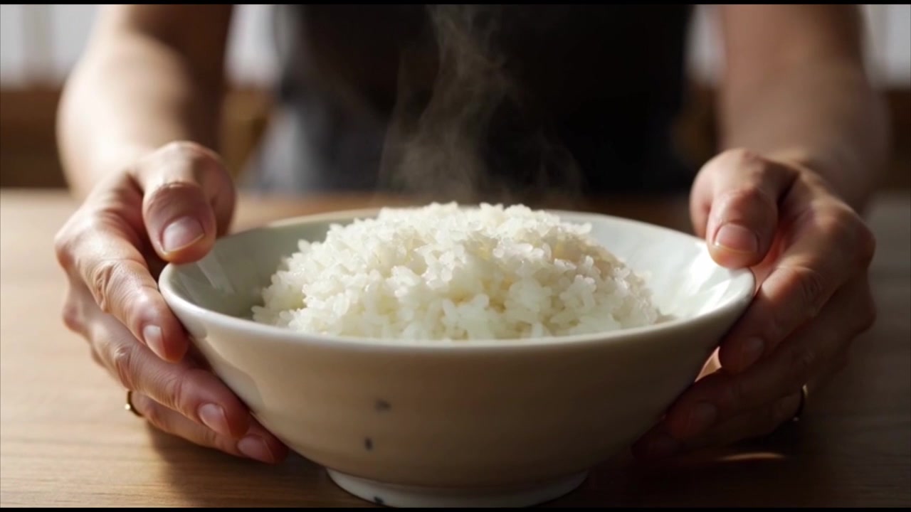 湯気の立つ白いご飯の茶碗を持つ人