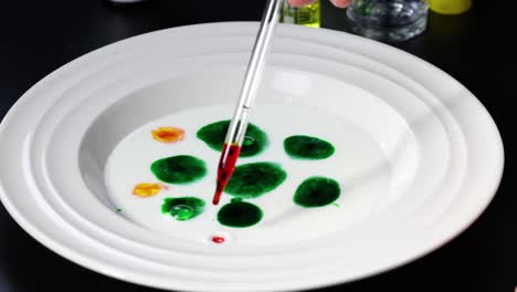 colores vibrantes se mezclan en la leche con pipeta