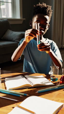 young boy engaged in a science experiment at home