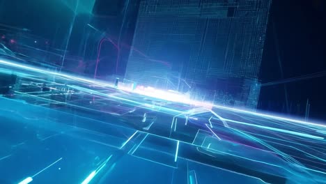 Abstract futuristic cityscape with glowing lines and digital elements