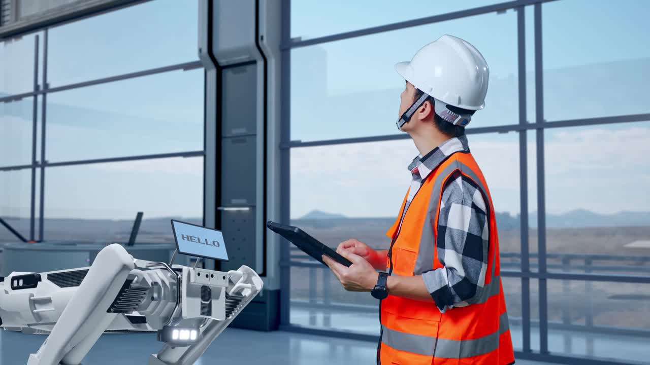 ingegnere robot di monitoraggio in una struttura moderna