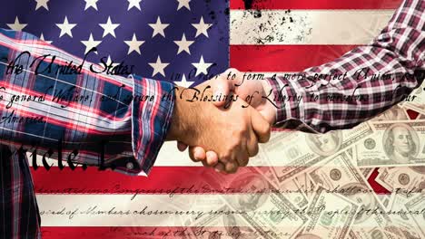 animation of men holding hands over document and american flag