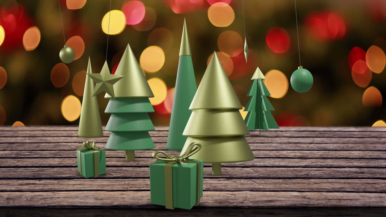 animación de árboles de navidad y decoraciones sobre fondo de madera