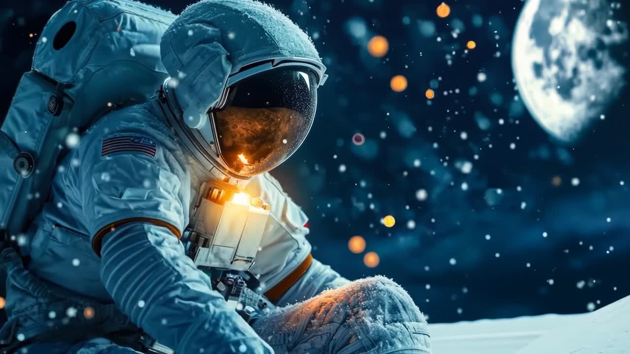 En astronaut siddende i sneen med en rygsæk på ryggen
